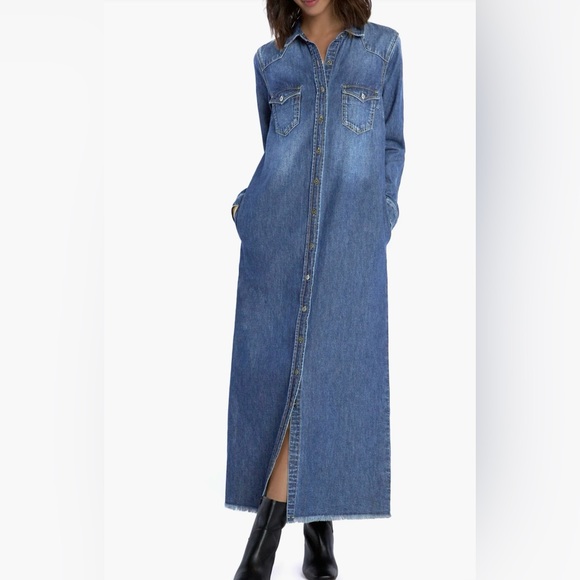 Wash Lab Women's Small Blue Cotton Long Sleeve Denim Maxi Raw Hem Shirtdress - Picture 4 of 12